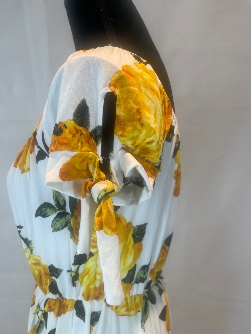 Vibe White Maxi Dress with Yellow Rose Print and Tie Sleeves - Picture 6 of 13